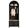 A black arched hall tree with a wooden bench and drawer, featuring hooks for hanging clothes and items on a shelf. Produktbild-Vorschau