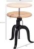 A height-adjustable stool with a wooden seat and a black metal base, shown with dimensions indicated. Produktbild-Vorschau