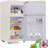 An open retro-style refrigerator filled with food and drinks, with ice cubes and raspberries in the foreground. Produktbild-Vorschau