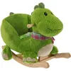 A green plush dinosaur rocking toy with a red and white plaid scarf and a wooden rocking base, shown against a white background. Produktbild-Vorschau