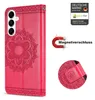 A red flip case for a smartphone, with a mandala pattern embossed on the cover. The image also includes marketing text and logos. Produktbild-Vorschau