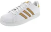 A white Adidas sneaker with gold stripes is shown against a white background. Produktbild-Vorschau