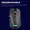 A top-down view of a black gaming mouse with numbered buttons highlighted, set against a dark blue background with marketing text. Produktbild-Vorschau