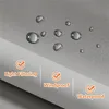 Close-up of a gray fabric with water droplets on it, and three feature icons with text below them. Produktbild-Vorschau