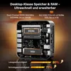 A cutaway view of a mini PC showing its internal components like RAM and SSD, with marketing text and performance indicators. Produktbild-Vorschau