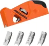 An orange edge planer tool with interchangeable blades is shown, with the blades displayed below. Produktbild-Vorschau
