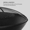 Close-up of a black metal fire pit with a mesh cover and text overlay describing its features. Produktbild-Vorschau