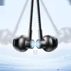 Close-up marketing image of black magnetic Bluetooth earbuds with a blue glow between them, indicating magnetic attraction, against a light blue and white abstract background. Anteprima dell’immagine prodotto