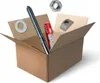 A cardboard box containing various hardware items, including a large screw, a washer, a red and white plastic anchor, and a metal bracket. Anteprima dell’immagine prodotto