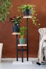 A plant stand with three potted plants in a room with a brown textured wall and a sofa on the right. Náhled obrázku produktu