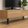A close-up view of a wooden TV stand with black adjustable legs, a television, and a potted plant. Náhled obrázku produktu