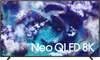 A Samsung Neo QLED 8K TV is displayed against a dark background with abstract colorful imagery on the screen. Produktbild-Vorschau