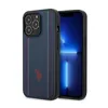 A dark blue iPhone 14 Pro case with red and white stitching and a red logo is shown next to an iPhone 14 Pro. Produktbild-Vorschau
