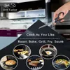A kitchen scene with a hand cutting a black mat, surrounded by images of food being cooked. Produktbild-Vorschau