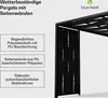 A close-up view of a black pergola with side panels and a roof structure, accompanied by text describing its features. Produktbild-Vorschau