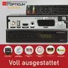A marketing image showcasing the back and front of a satellite receiver with its remote and feature icons. Produktbild-Vorschau