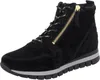 A black leather boot with a gold zipper and gray sole on a white background. Produktbild-Vorschau