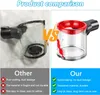 A comparison of two vacuum cleaner dustbins, highlighting the features of 'Our' product against 'Other' products. Produktbild-Vorschau