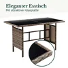 A bar table with a glass top, made of polyrattan, shown from a slightly angled front view. Produktbild-Vorschau