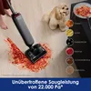 A wet/dry vacuum cleaner is shown cleaning up a spill of spaghetti sauce on a wooden floor, with a dog nearby and various food items depicted in circles with labels. Produktbild-Vorschau