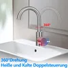 A modern bathroom faucet over a white sink, with text overlays highlighting features. Produktbild-Vorschau