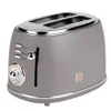 A taupe-colored two-slice toaster with chrome accents and rose gold detailing. Voir les images du produit