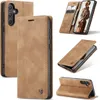 A collage of images showing a brown leather flip case for a Samsung Galaxy A36 5G phone from various angles. Produktbild-Vorschau