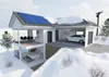 A cutaway view of a modern house with solar panels on the roof, a car in the garage, and a bedroom and dining area visible, all set against a snowy landscape. Produktbild-Vorschau