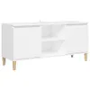 A white TV stand with wooden legs against a white background. Podgląd zdjęcia produktu