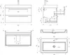 This is a collage of technical drawings and dimensions for a bathroom vanity and sink set. Produktbild-Vorschau