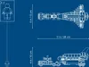 Blueprint-style diagram showing the dimensions of a LEGO space shuttle transporter and a separate space shuttle. Voir les images du produit