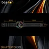 A smartwatch with dimensions indicated, set against a dark, abstract background with flowing lines. Anteprima dell’immagine prodotto