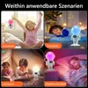 Collage of four scenes showing a product in different scenarios: waking up, sleeping aid, reading lamp, and night light. Produktbild-Vorschau