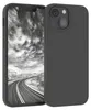 A dark gray silicone phone case is shown on the right, with a smartphone displaying a black and white image of a winding road and sky on the left. Produktbild-Vorschau