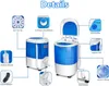 Collage of images and diagrams detailing the features of a mini washing machine. Produktbild-Vorschau