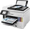 A white Canon MAXIFY GX 7050 multifunction printer is shown from a slightly elevated front-left angle. The printer has a paper output tray extended with a document inside, and the scanner lid is open with documents inside. The printer has a color touchscre Produktbild-Vorschau