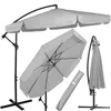 A collection of images showing a light gray patio umbrella in various states: fully open, partially open, and closed with a cover. The umbrella has a curved pole and a cross-shaped base. Náhľad obrázku produktu