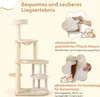 A cat tree with multiple levels and features, presented with descriptive text and illustrative graphics. Podgląd zdjęcia produktu