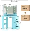 A diagram of a blue vanity table with a tri-fold mirror and lights, showing dimensions and packaging boxes. Voir les images du produit
