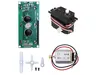 A collection of electronic components for a starter kit, including a display, a servo motor, a DC motor, and servo horns, arranged on a white background. Podgląd zdjęcia produktu