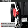 A close-up view of a lawnmower's height adjustment mechanism and wheel. Produktbild-Vorschau