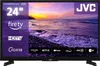 A JVC television displaying a scenic beach sunset, with various app logos and product features listed on the screen. Produktbild-Vorschau