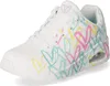 A white Skechers sneaker with a colorful heart print. Produktbild-Vorschau