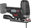 A black and gray cordless jigsaw with a battery pack attached, shown from a side angle against a white background. Produktbild-Vorschau
