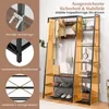 A product image showcasing a coat rack with shelves, featuring various items like clothes, bags, and shoes. The image includes text overlays highlighting product features and benefits. Produktbild-Vorschau