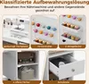 A collage of images showcasing a white sewing cabinet with various storage solutions and features. Voir les images du produit