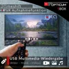 A hand holding a remote control is shown in front of a television screen displaying a landscape scene. Overlay text highlights product features. Produktbild-Vorschau