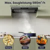 A kitchen scene featuring a range hood with steam rising from a pan below, and three circular insets showing different cooking scenarios labeled 'Niedrig', 'Mittel', and 'Hoch'. Náhľad obrázku produktu