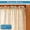 A close-up of lace curtains hanging on a curtain rod, with measurement indicators and text overlays. Produktbild-Vorschau