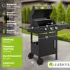 A black gas grill is shown outdoors with descriptive text and dimensions overlaid. Náhled obrázku produktu